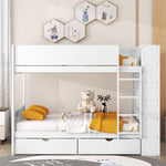 Full Over Full Wood Bunk Bed with Storage Drawers and Multi-Layer Cabinet, White | Just Better Bunk Beds - Side View