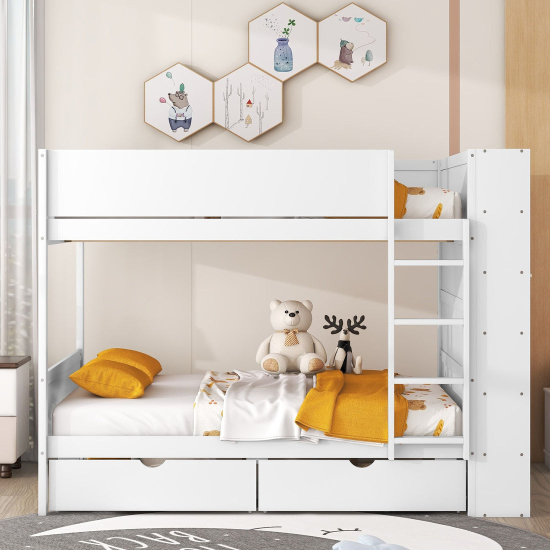 Full Over Full Wood Bunk Bed with Storage Drawers and Multi-Layer Cabinet, White | Just Better Bunk Beds - Side View