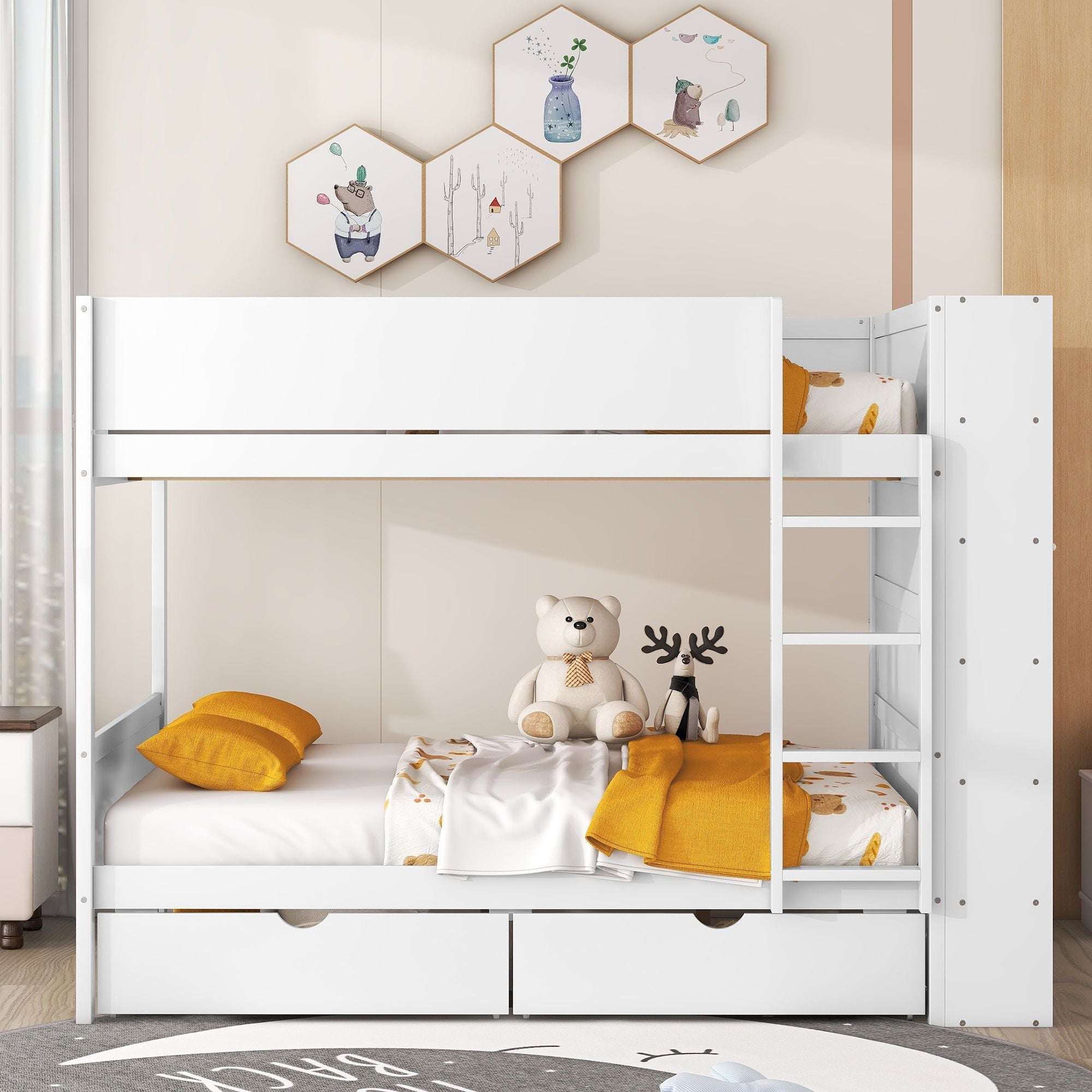 Full Over Full Wood Bunk Bed with Storage Drawers and Multi-Layer Cabinet, White | Just Better Bunk Beds - Side View