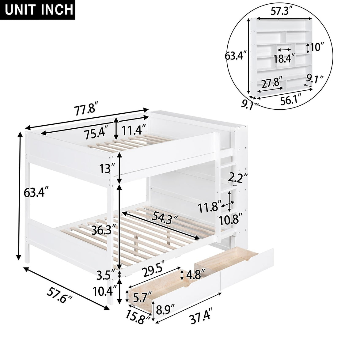 Full Over Full Wood Bunk Bed with Storage Drawers and Multi-Layer Cabinet, White | Just Better Bunk Beds - View 7
