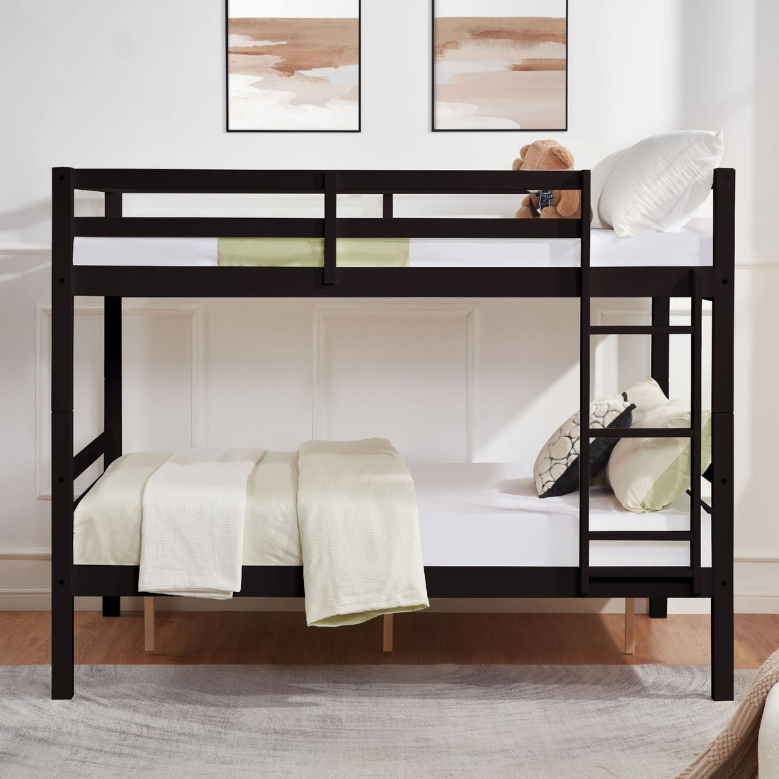Full Over Full Wood Bunk Bed with Thick Posts, High Guardrail, Ladder in Espresso | Just Better Bunk Beds - Side View