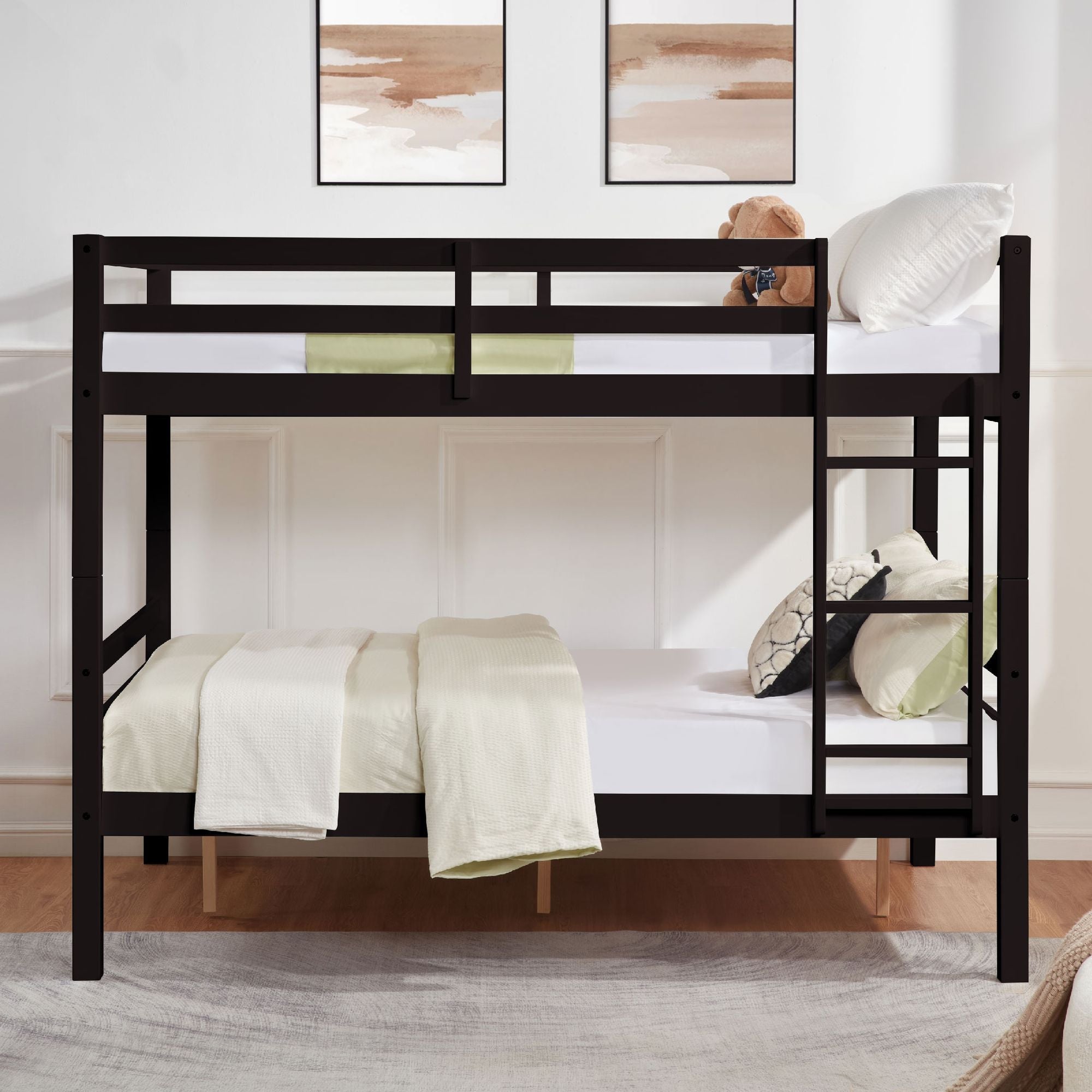 Full Over Full Wood Bunk Bed with Thick Posts, High Guardrail, Ladder in Espresso | Just Better Bunk Beds - Side View