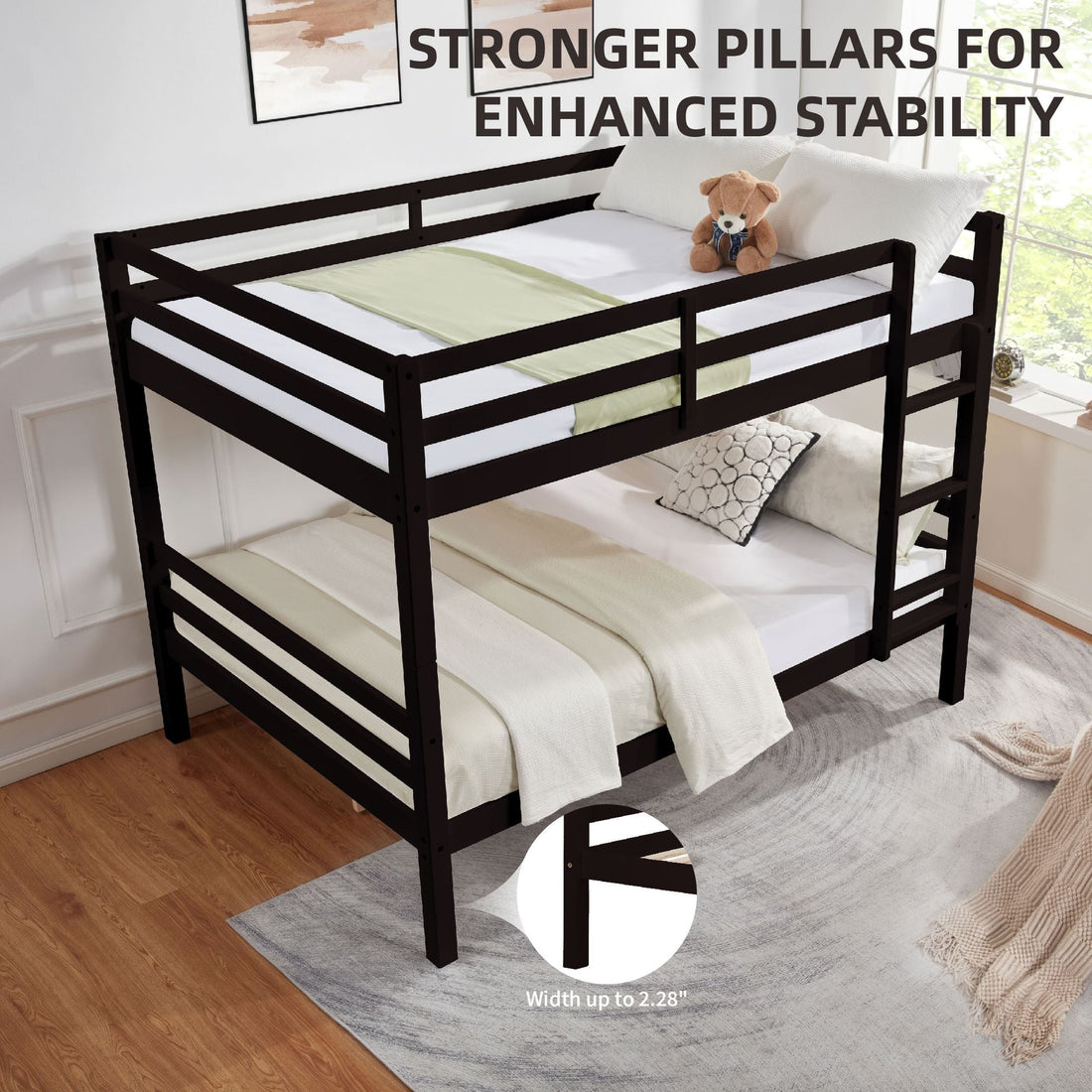 Full Over Full Wood Bunk Bed with Thick Posts, High Guardrail, Ladder in Espresso | Just Better Bunk Beds - View 5