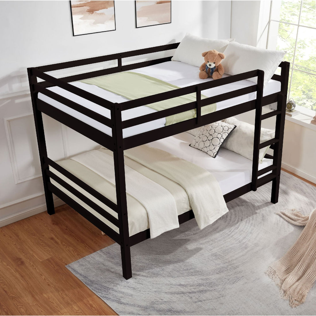 Full Over Full Wood Bunk Bed with Thick Posts, High Guardrail, Ladder in Espresso | Just Better Bunk Beds - Detail View