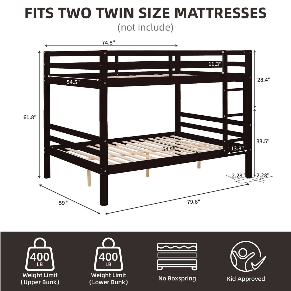 Full Over Full Wood Bunk Bed with Thick Posts, High Guardrail, Ladder in Espresso | Just Better Bunk Beds - View 6
