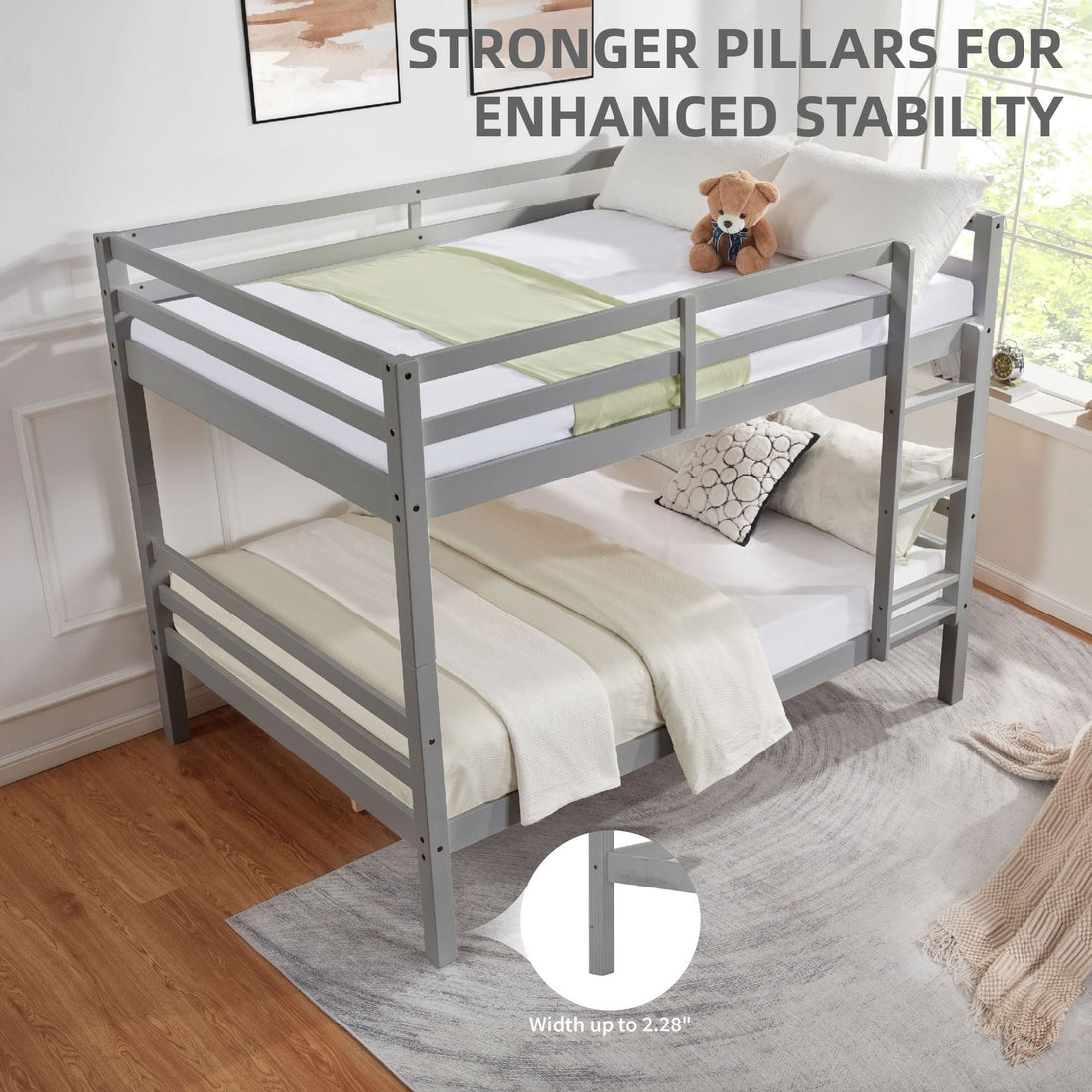 Full Over Full Wood Bunk Bed with Thick Posts, High Guardrail, Ladder in Grey | Just Better Bunk Beds - View 5