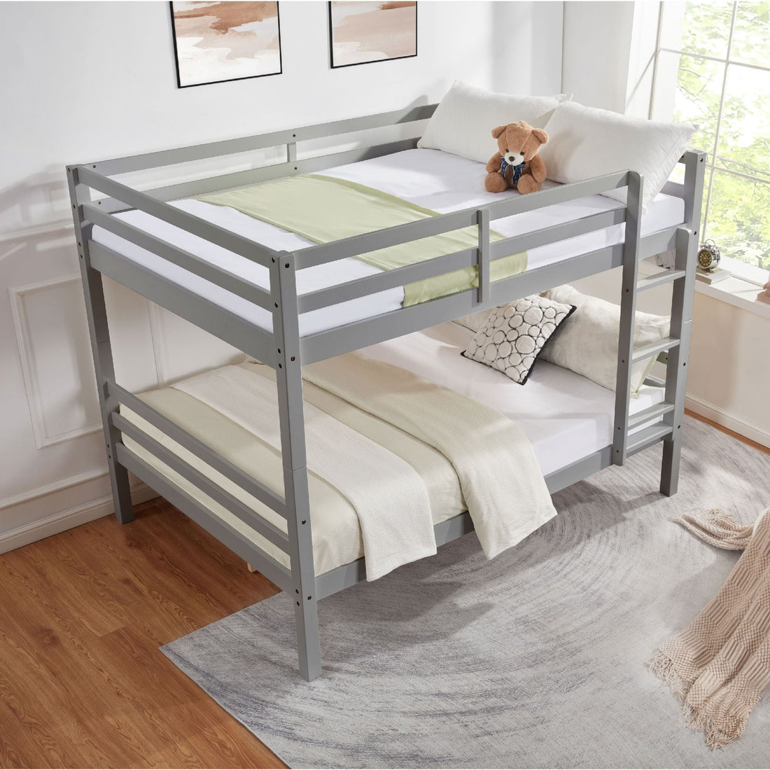 Full Over Full Wood Bunk Bed with Thick Posts, High Guardrail, Ladder in Grey | Just Better Bunk Beds - Detail View