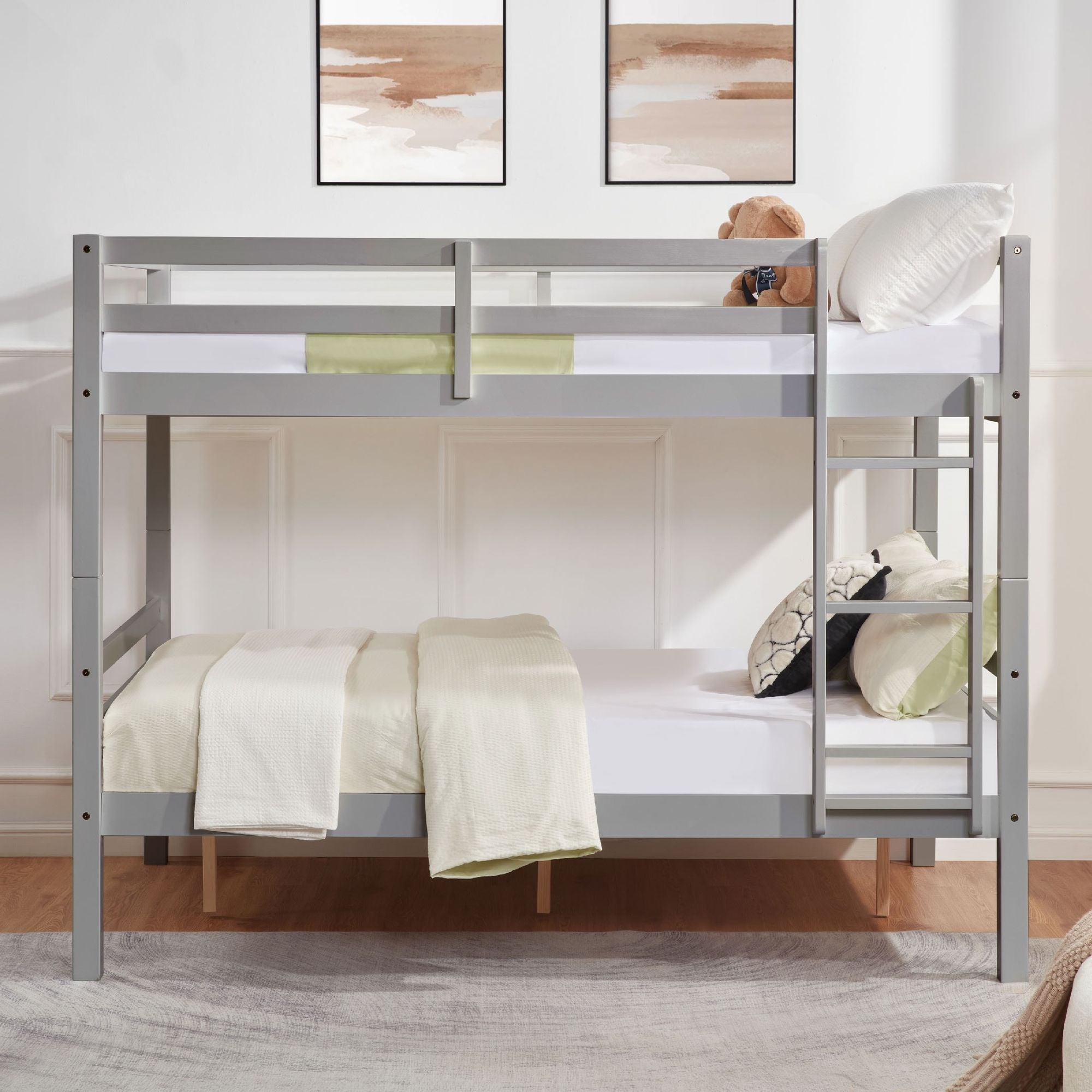 Full Over Full Wood Bunk Bed with Thick Posts, High Guardrail, Ladder in Grey | Just Better Bunk Beds - Side View