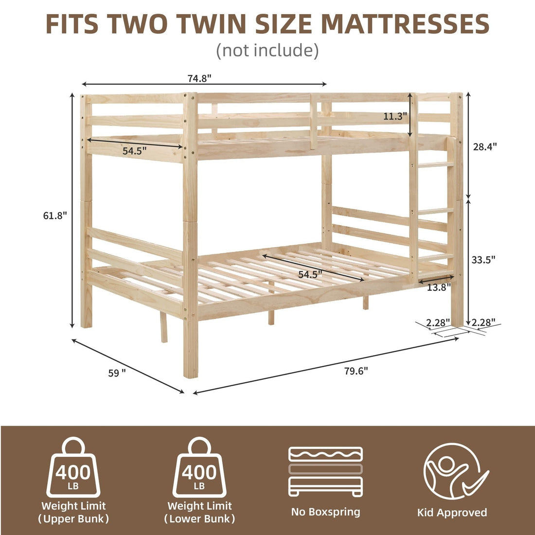 Full Over Full Wood Bunk Bed with Thick Posts, High Guardrail, Ladder, Natural Finish | Just Better Bunk Beds - View 6