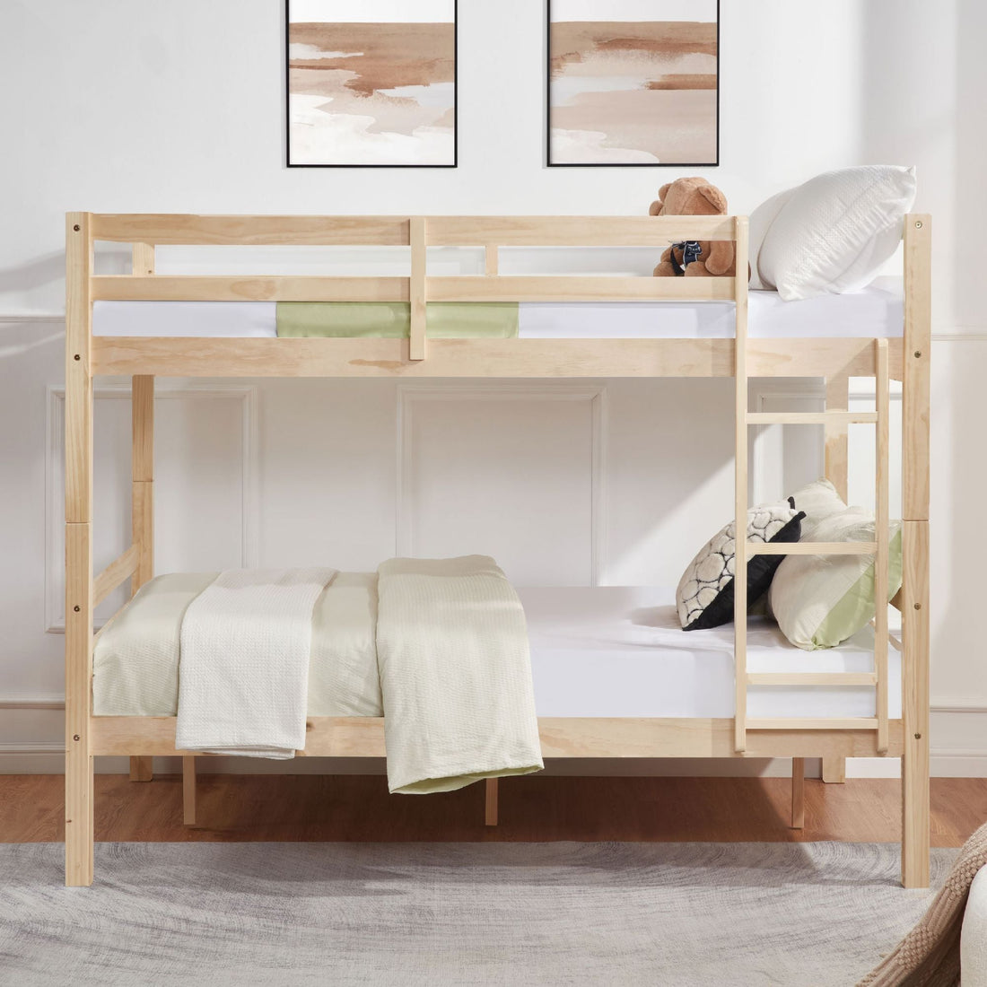 Full Over Full Wood Bunk Bed with Thick Posts, High Guardrail, Ladder, Natural Finish | Just Better Bunk Beds - Side View