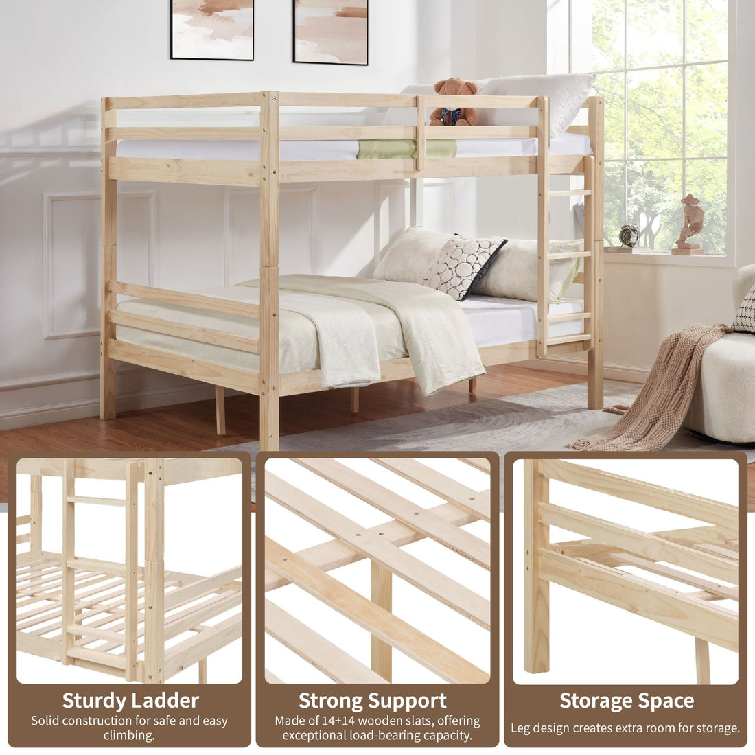 Full Over Full Wood Bunk Bed with Thick Posts, High Guardrail, Ladder, Natural Finish | Just Better Bunk Beds - Assembly View