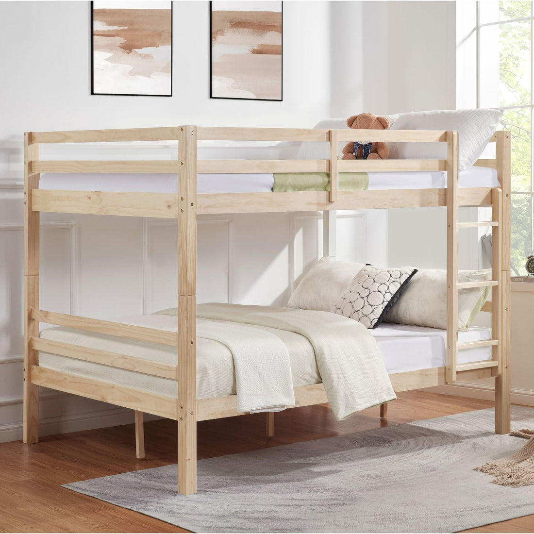 Full Over Full Wood Bunk Bed with Thick Posts, High Guardrail, Ladder, Natural Finish | Just Better Bunk Beds - Front View