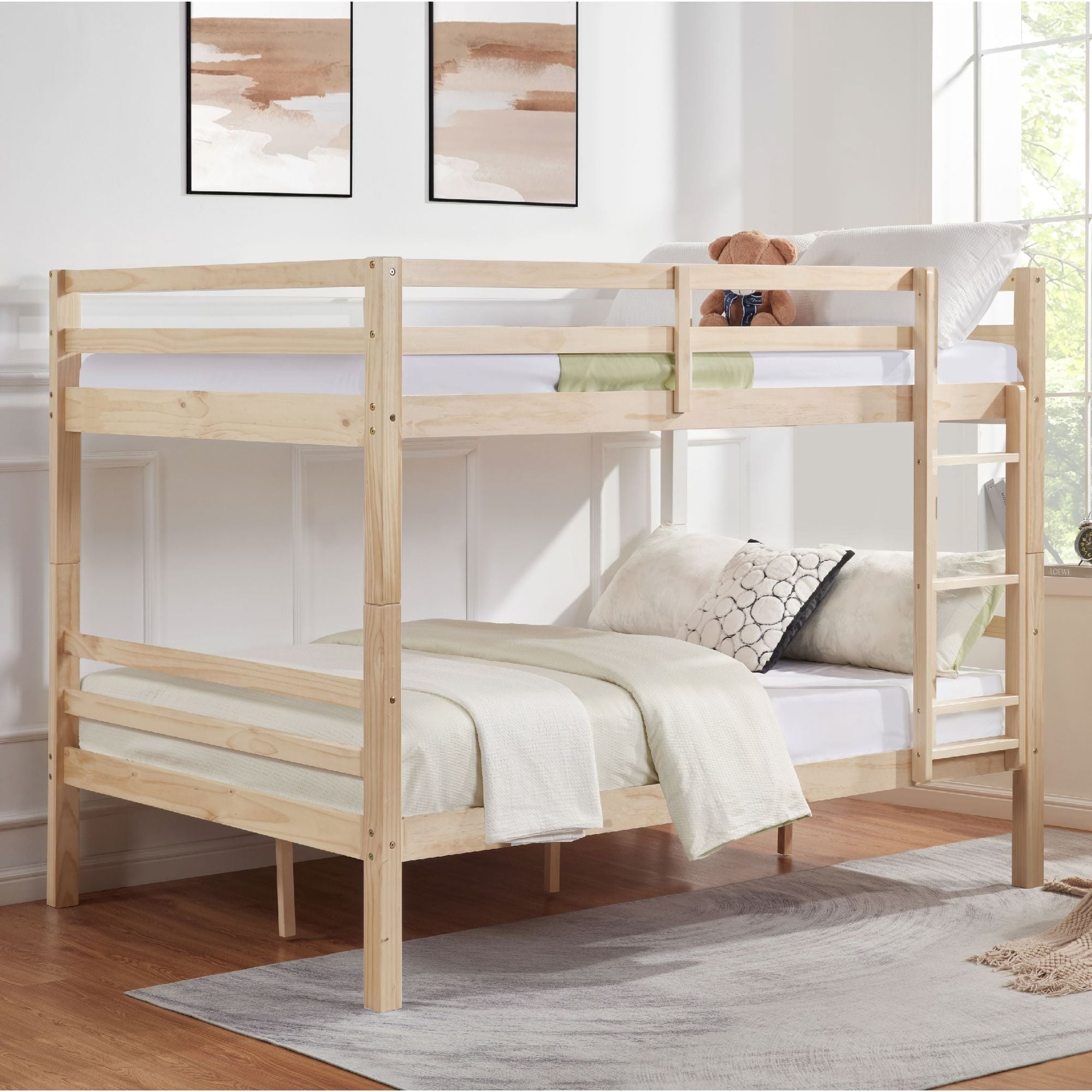 Full Over Full Wood Bunk Bed with Thick Posts, High Guardrail, Ladder, Natural Finish | Just Better Bunk Beds - Front View