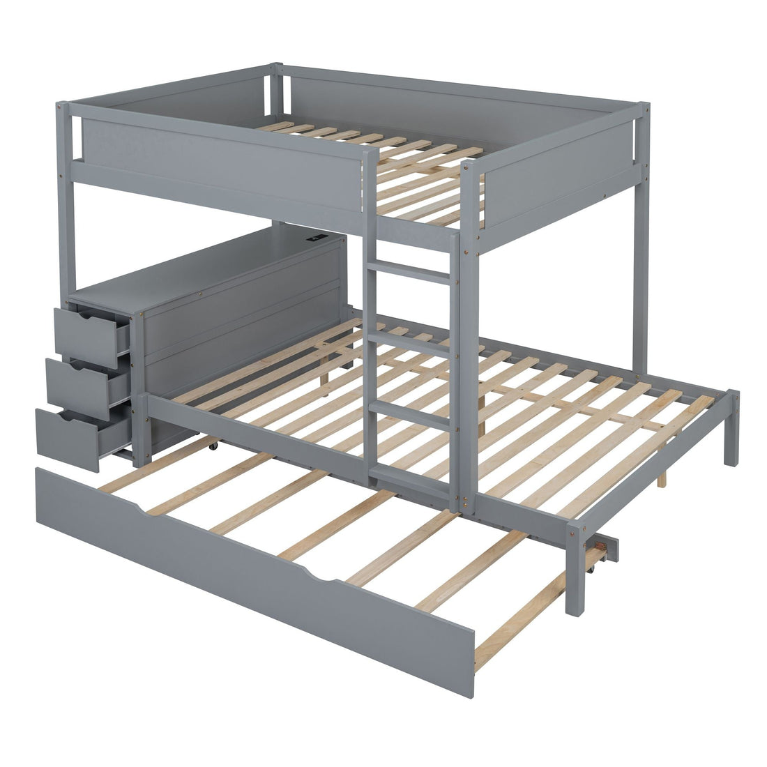 Full Over Full Wood Bunk Bed with Trundle, Storage Drawers, Desk, Gray | Just Better Bunk Beds - View 12