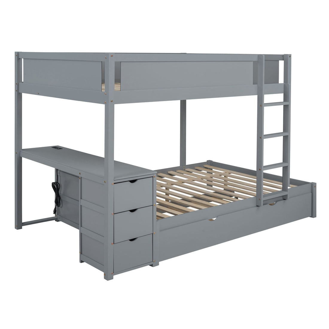 Full Over Full Wood Bunk Bed with Trundle, Storage Drawers, Desk, Gray | Just Better Bunk Beds - View 7