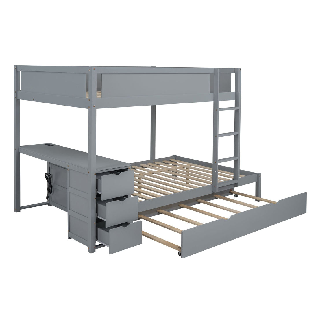Full Over Full Wood Bunk Bed with Trundle, Storage Drawers, Desk, Gray | Just Better Bunk Beds - View 8