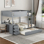Full Over Full Wood Bunk Bed with Trundle, Storage Drawers, Desk, Gray | Just Better Bunk Beds - Front View