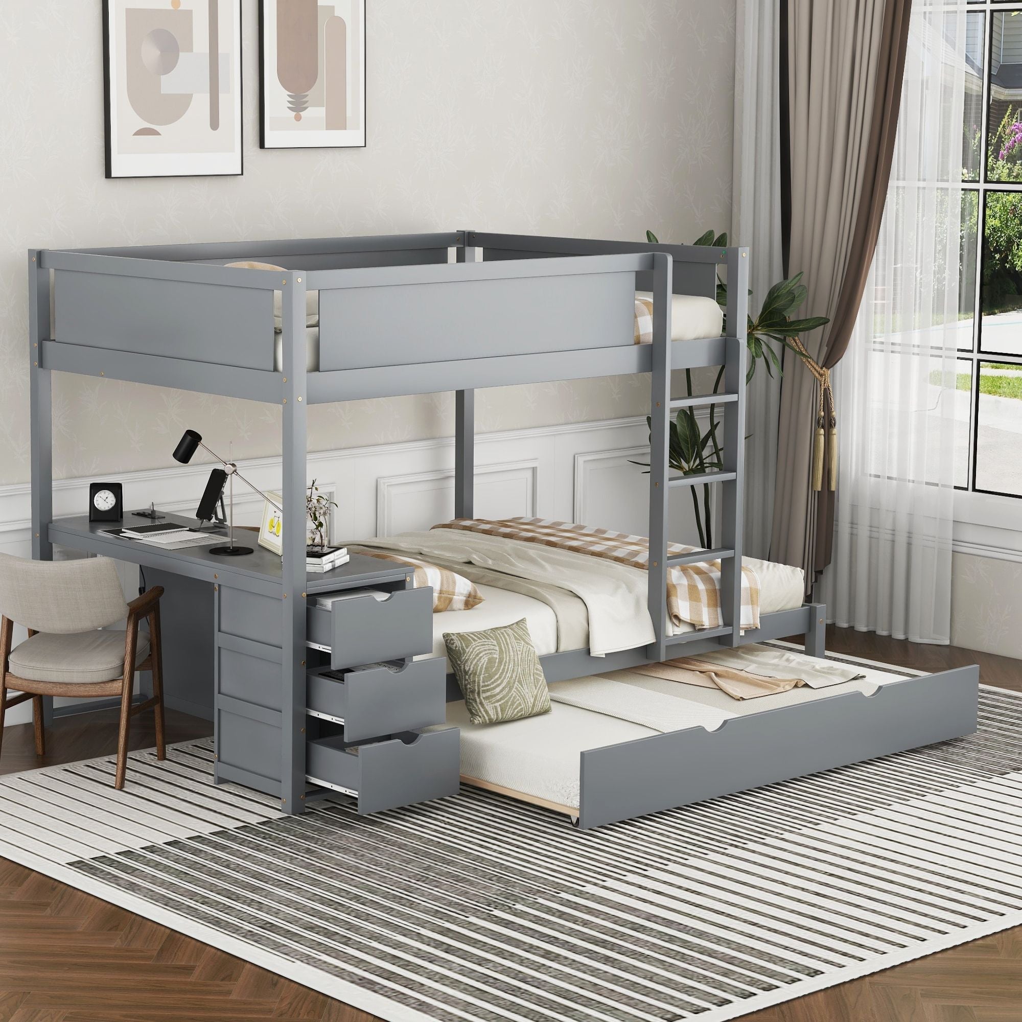 Full Over Full Wood Bunk Bed with Trundle, Storage Drawers, Desk, Gray | Just Better Bunk Beds - Front View