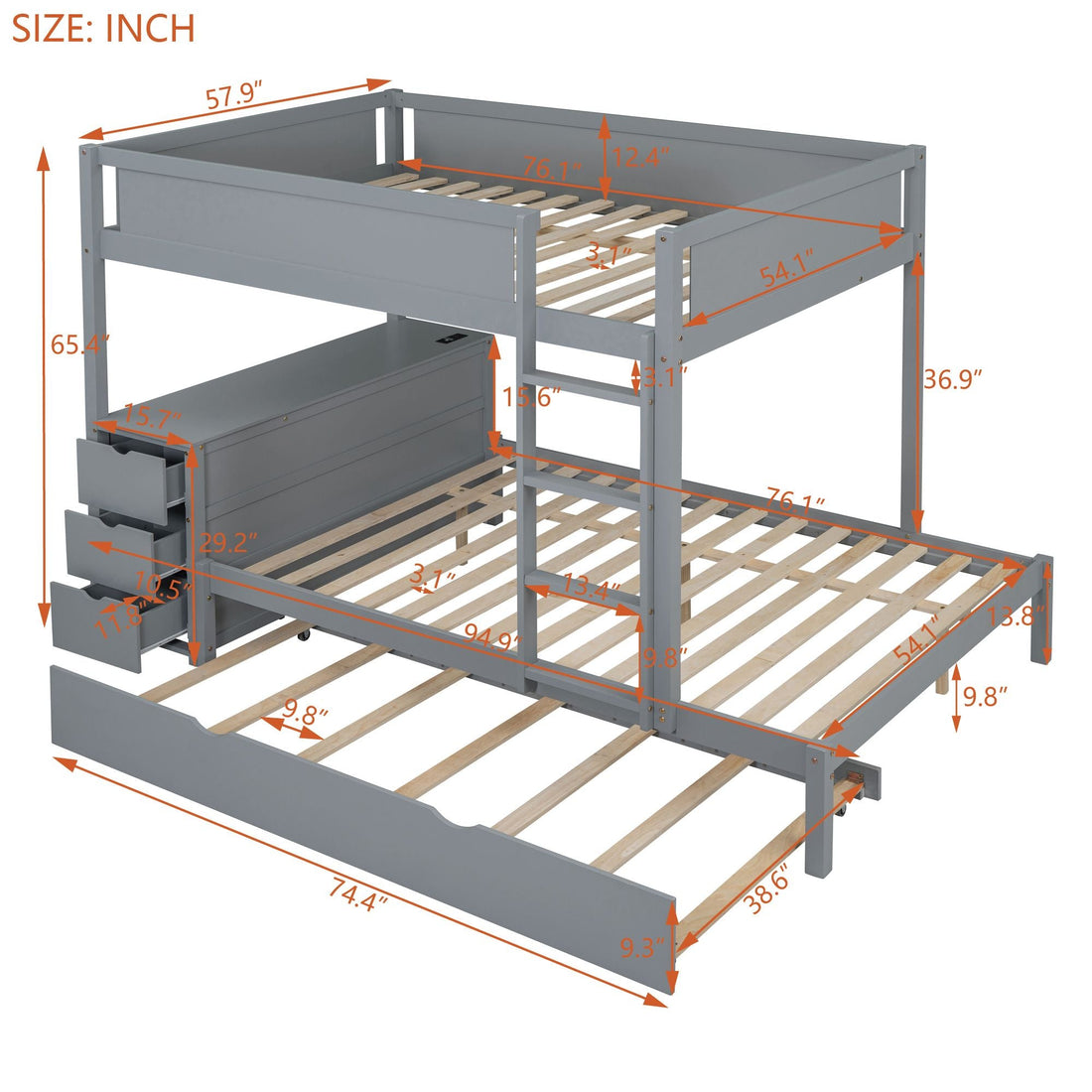 Full Over Full Wood Bunk Bed with Trundle, Storage Drawers, Desk, Gray | Just Better Bunk Beds - View 14