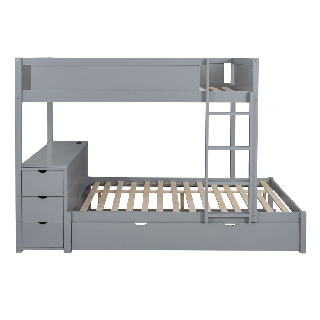 Full Over Full Wood Bunk Bed with Trundle, Storage Drawers, Desk, Gray | Just Better Bunk Beds - Assembly View
