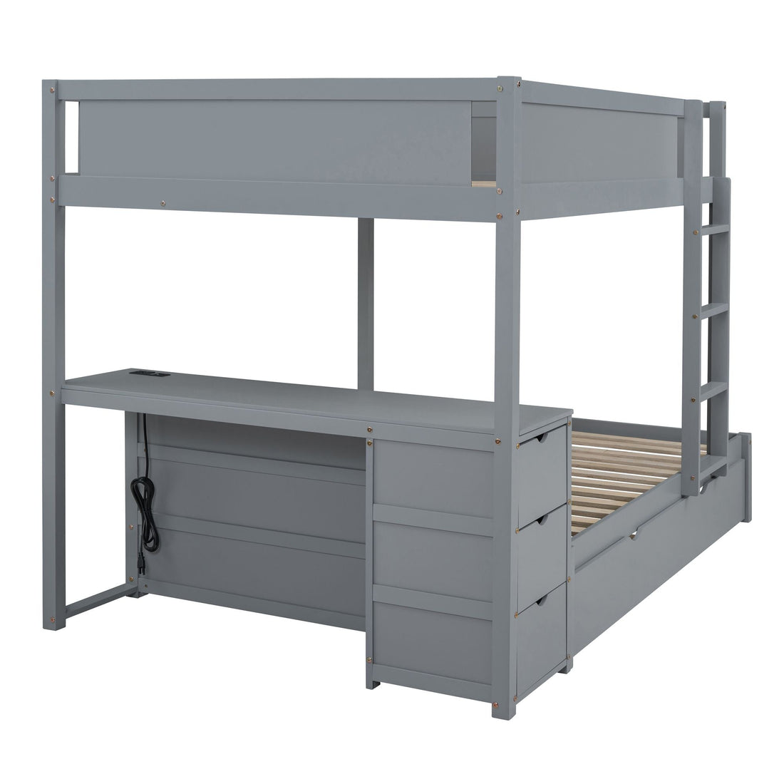 Full Over Full Wood Bunk Bed with Trundle, Storage Drawers, Desk, Gray | Just Better Bunk Beds - View 13