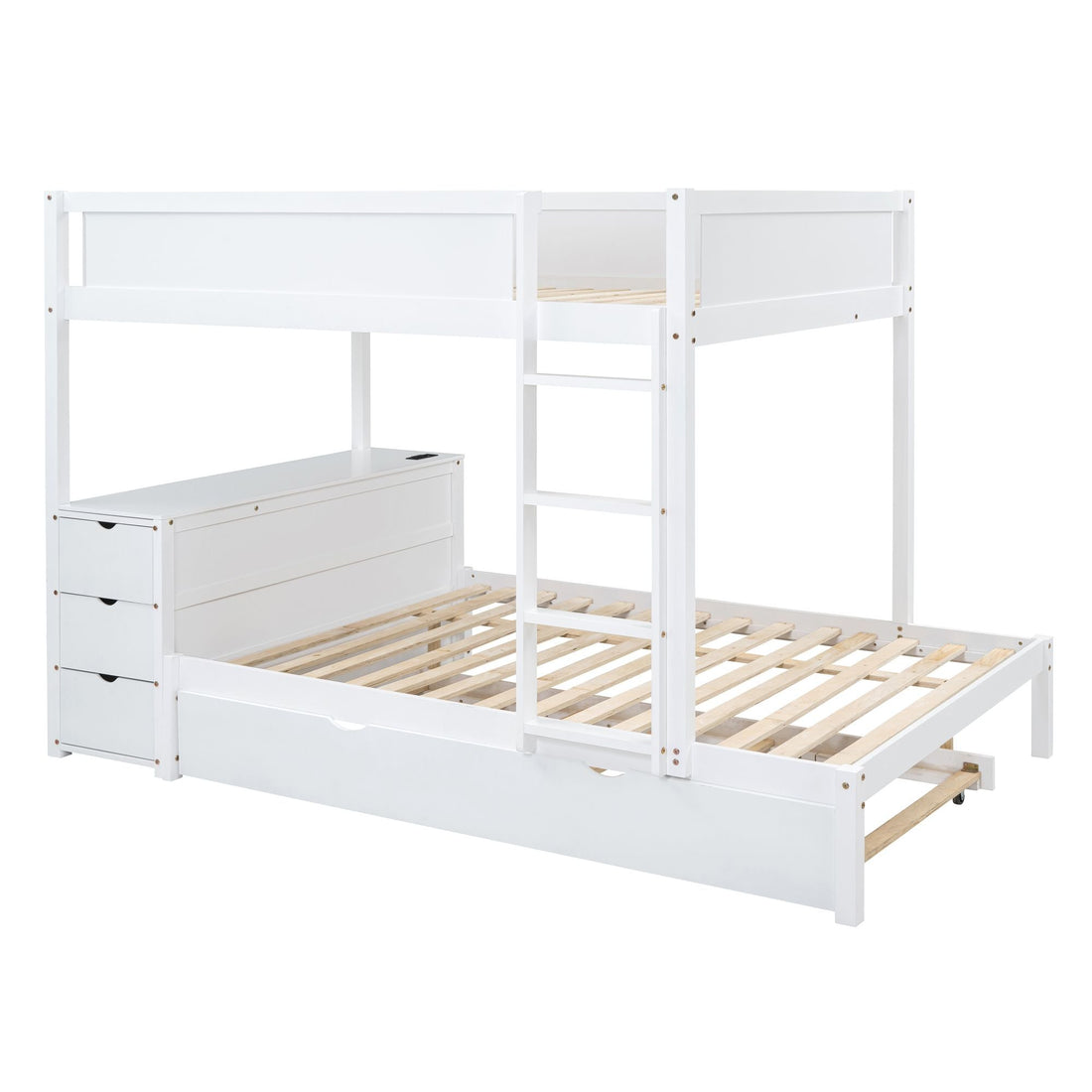 Full Over Full Wood Bunk Bed with Twin Trundle, Desk, and Storage Drawers in White | Just Better Bunk Beds - View 11