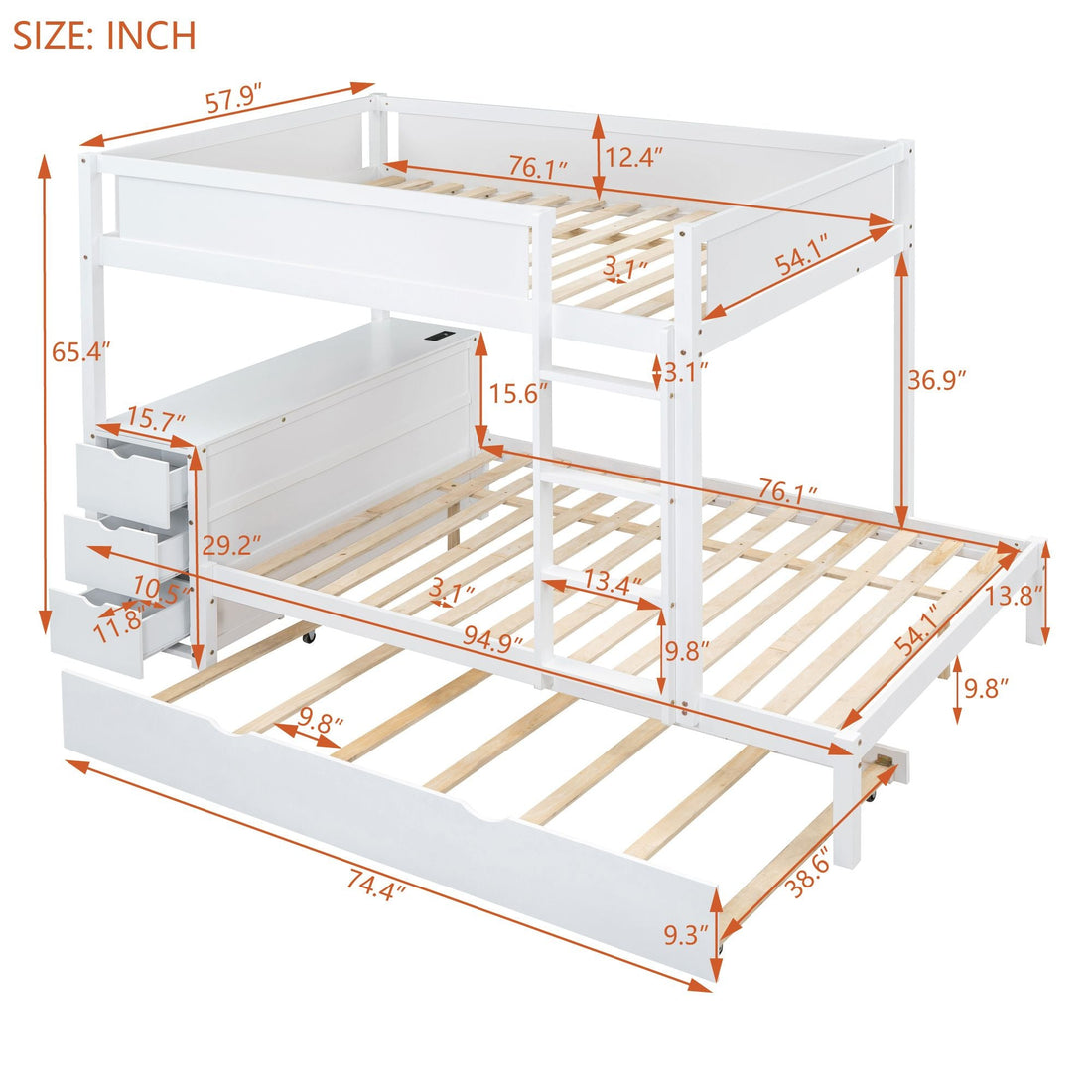 Full Over Full Wood Bunk Bed with Twin Trundle, Desk, and Storage Drawers in White | Just Better Bunk Beds - View 14