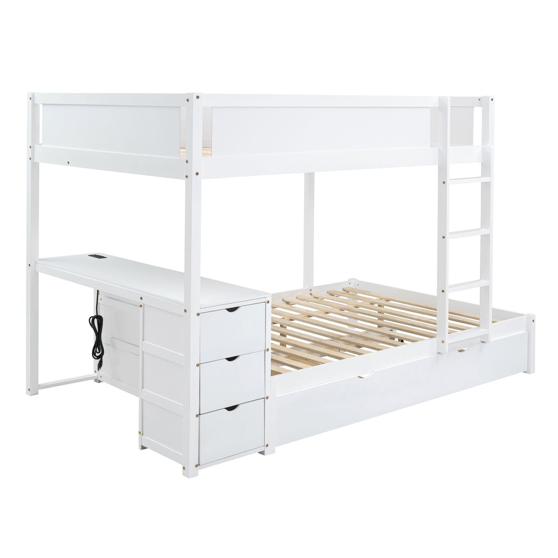 Full Over Full Wood Bunk Bed with Twin Trundle, Desk, and Storage Drawers in White | Just Better Bunk Beds - View 8