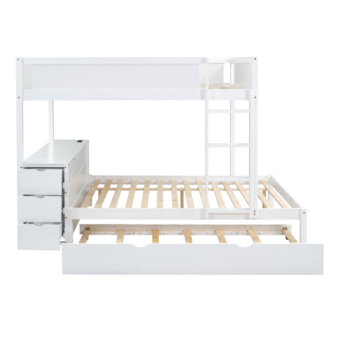 Full Over Full Wood Bunk Bed with Twin Trundle, Desk, and Storage Drawers in White | Just Better Bunk Beds - View 12