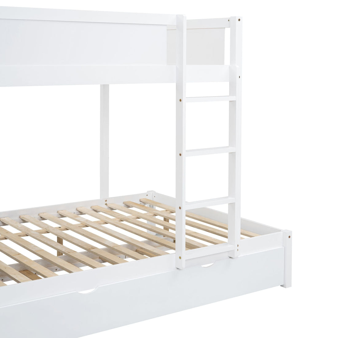 Full Over Full Wood Bunk Bed with Twin Trundle, Desk, and Storage Drawers in White | Just Better Bunk Beds - View 18
