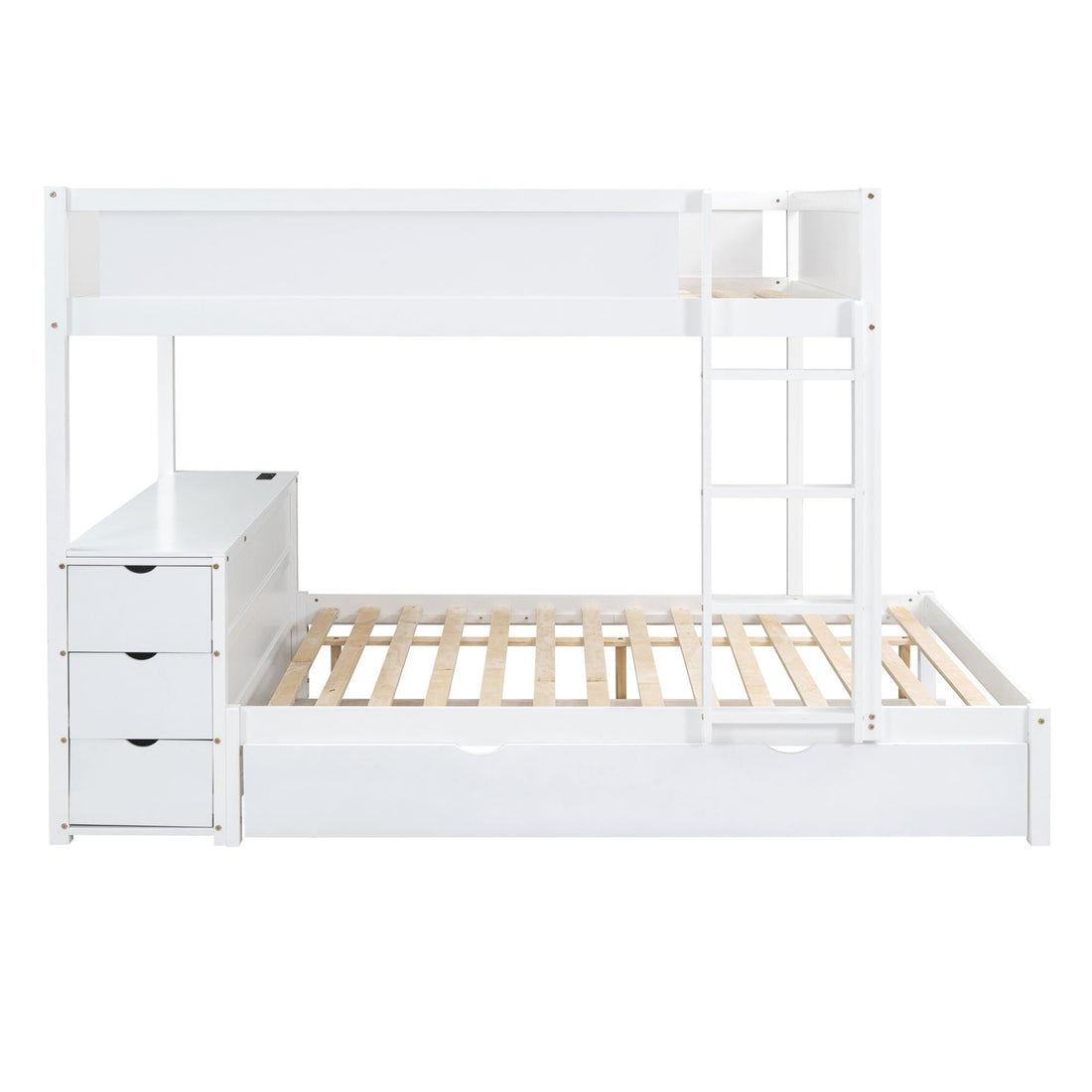 Full Over Full Wood Bunk Bed with Twin Trundle, Desk, and Storage Drawers in White | Just Better Bunk Beds - Assembly View