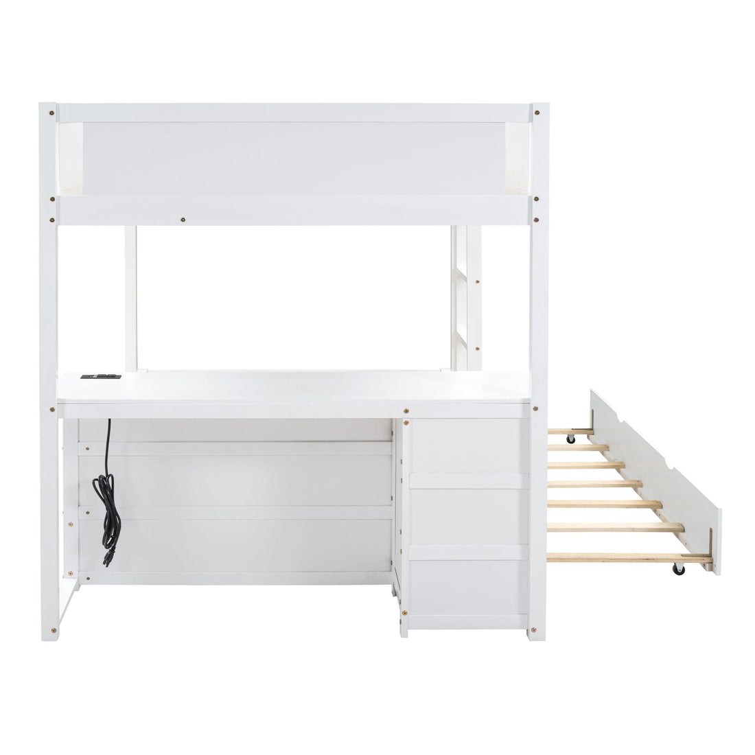 Full Over Full Wood Bunk Bed with Twin Trundle, Desk, and Storage Drawers in White | Just Better Bunk Beds - View 15
