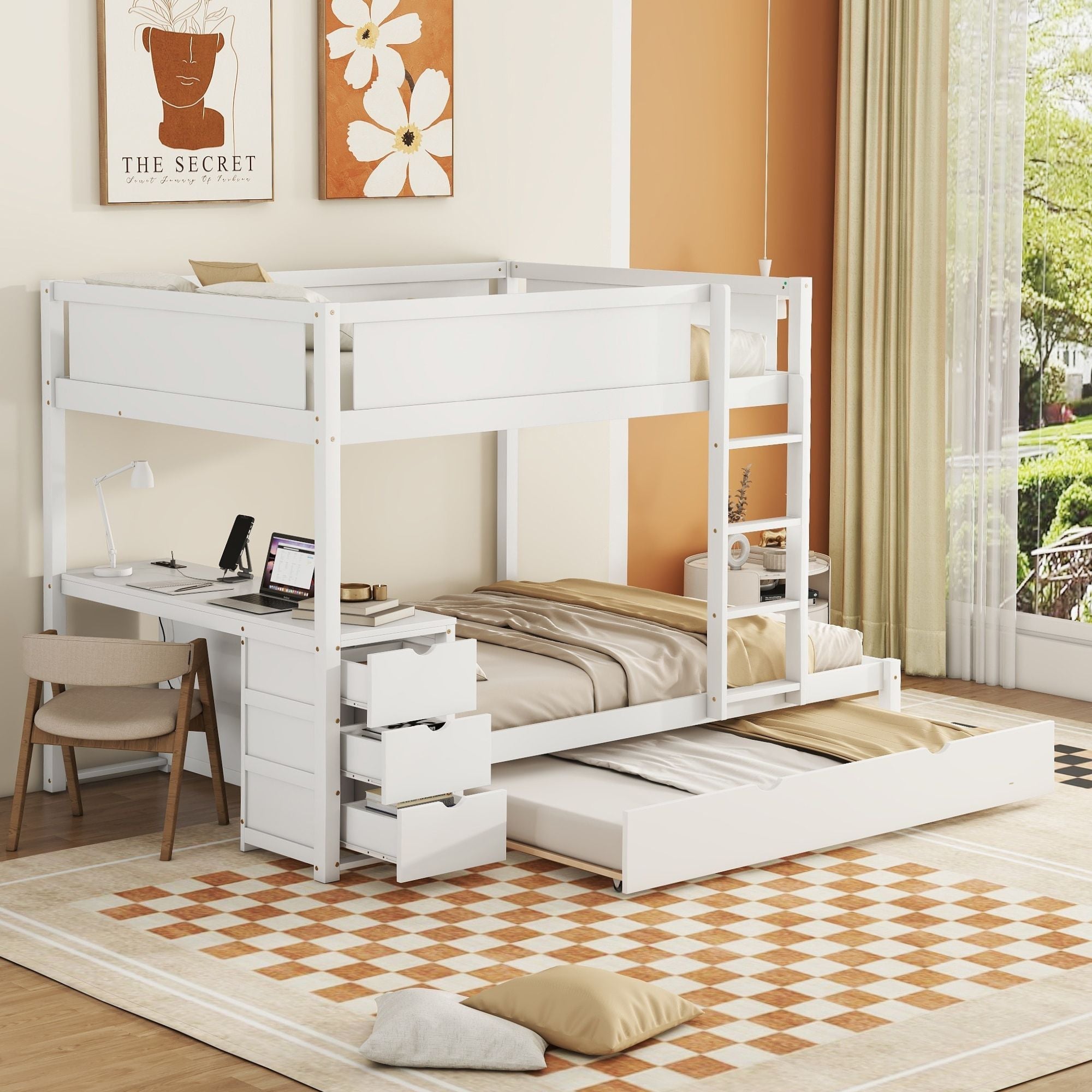 Full Over Full Wood Bunk Bed with Twin Trundle, Desk, and Storage Drawers in White | Just Better Bunk Beds - Front View