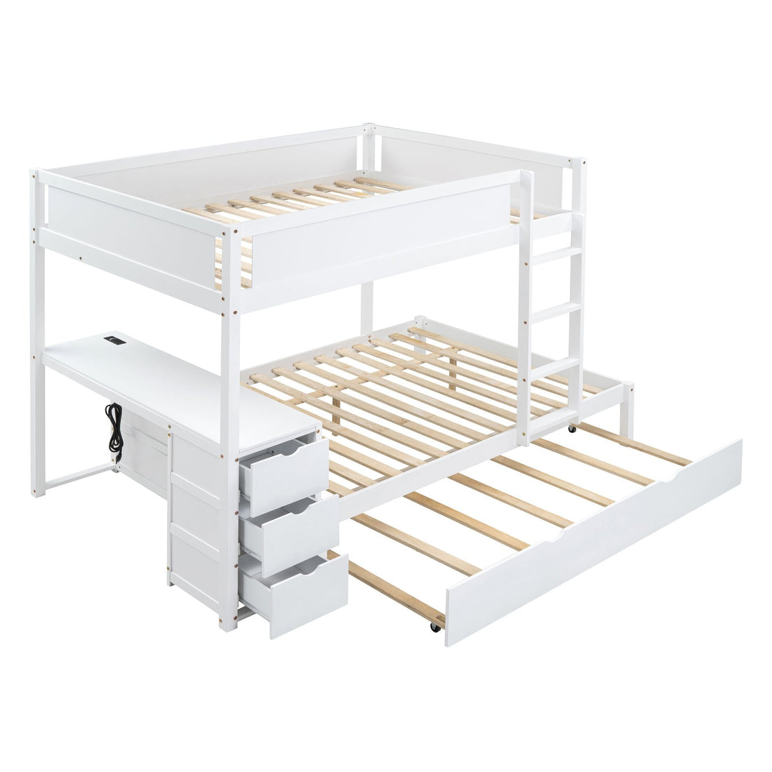 Full Over Full Wood Bunk Bed with Twin Trundle, Desk, and Storage Drawers in White | Just Better Bunk Beds - View 5