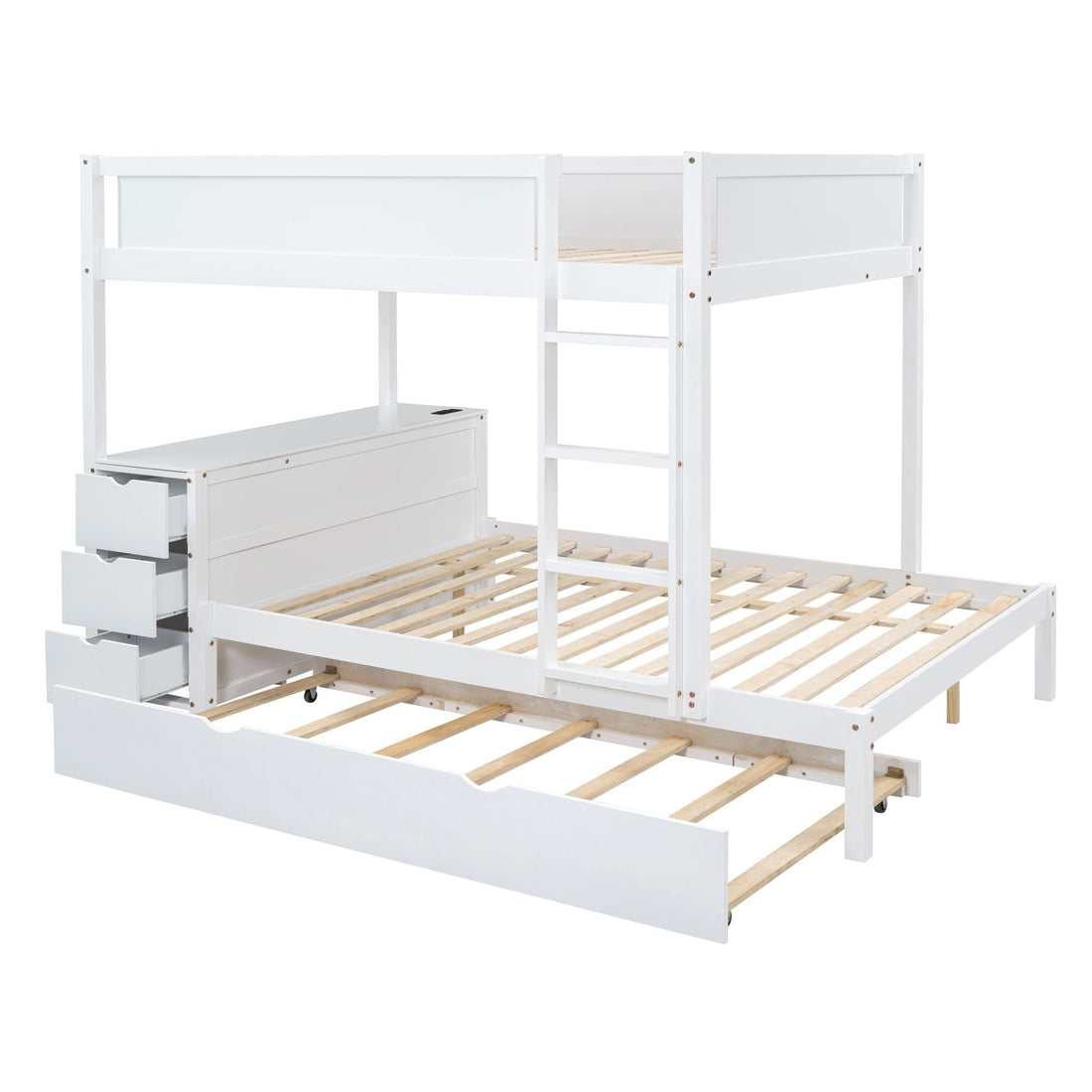 Full Over Full Wood Bunk Bed with Twin Trundle, Desk, and Storage Drawers in White | Just Better Bunk Beds - View 10