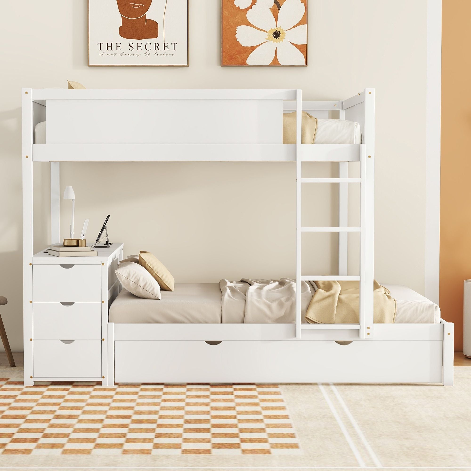 Full Over Full Wood Bunk Bed with Twin Trundle, Desk, and Storage Drawers in White | Just Better Bunk Beds - Side View