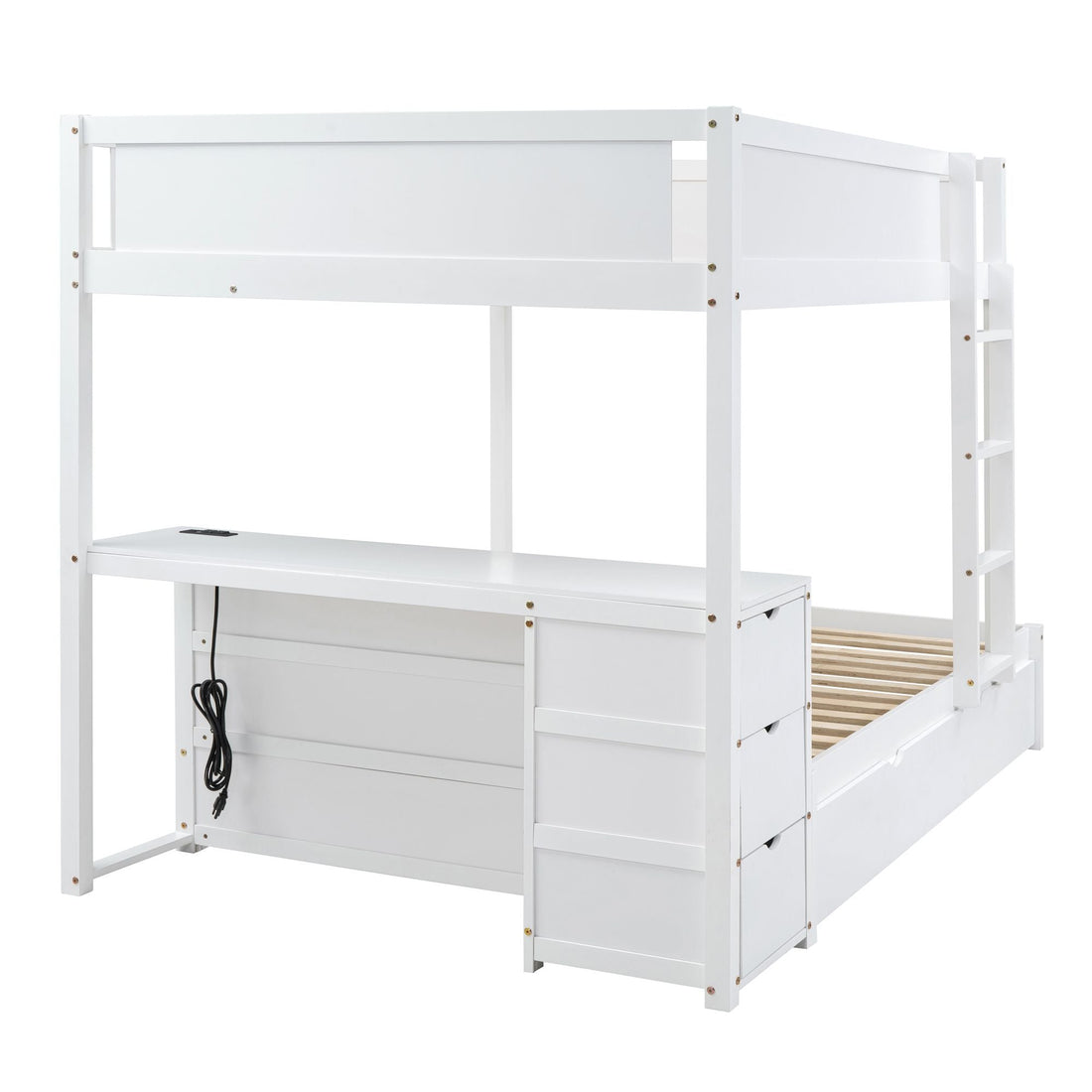 Full Over Full Wood Bunk Bed with Twin Trundle, Desk, and Storage Drawers in White | Just Better Bunk Beds - View 13