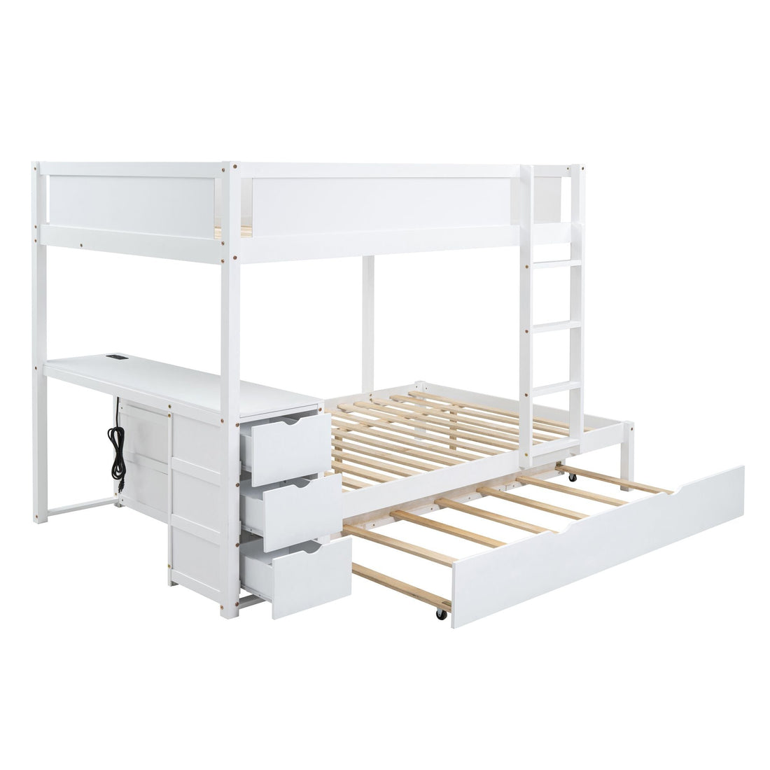 Full Over Full Wood Bunk Bed with Twin Trundle, Desk, and Storage Drawers in White | Just Better Bunk Beds - View 6