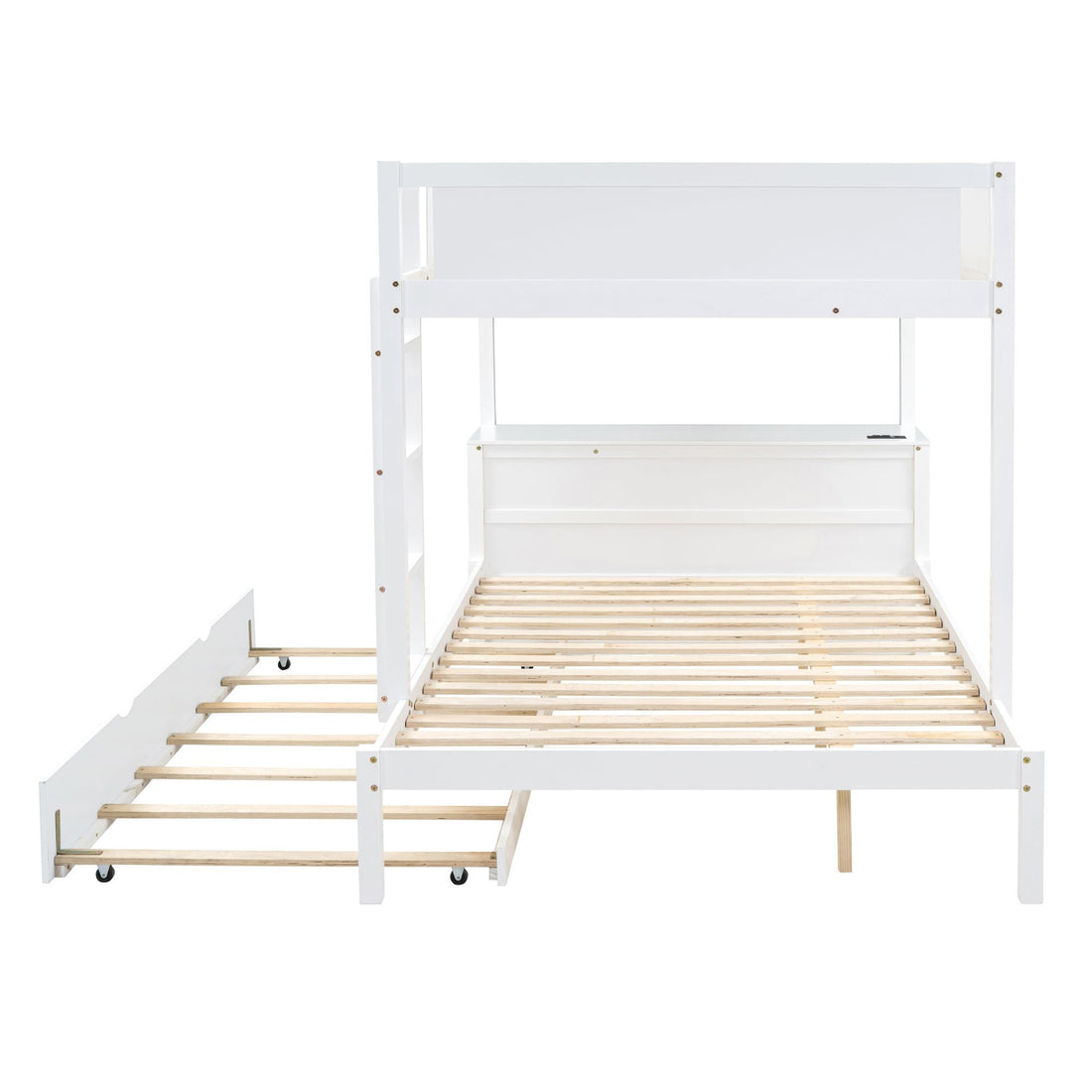 Full Over Full Wood Bunk Bed with Twin Trundle, Desk, and Storage Drawers in White | Just Better Bunk Beds - View 16