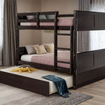 Full Over Full Wood Bunk Bed with Twin Trundle, Espresso Finish, Durable Pinewood | Just Better Bunk Beds - Front View