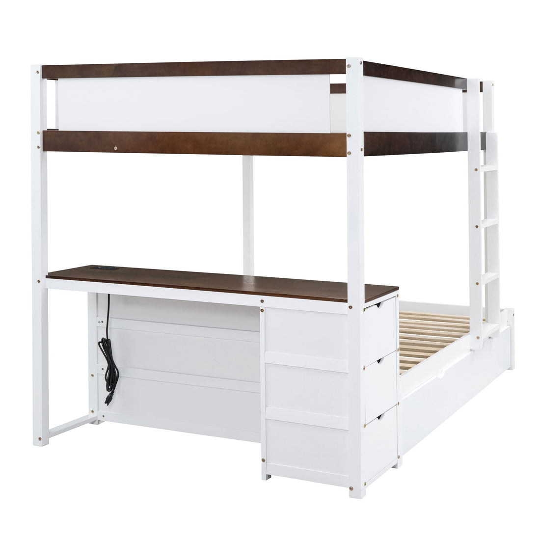 Full Over Full Wood Bunk Bed with Twin Trundle, Storage, Desk in White Walnut | Just Better Bunk Beds - View 13