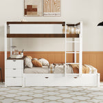 Full Over Full Wood Bunk Bed with Twin Trundle, Storage, Desk in White Walnut | Just Better Bunk Beds - Side View