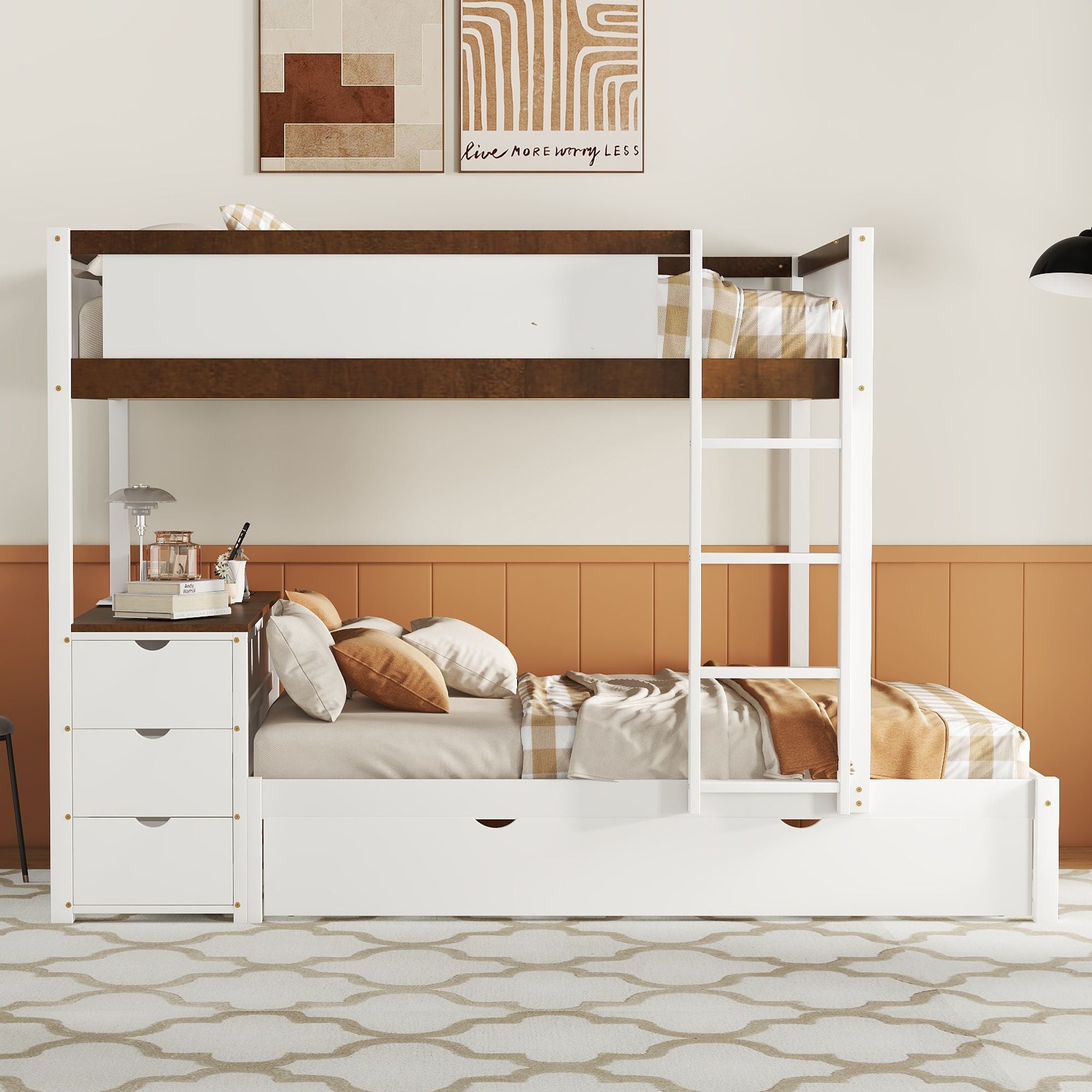 Full Over Full Wood Bunk Bed with Twin Trundle, Storage, Desk in White Walnut | Just Better Bunk Beds - Side View