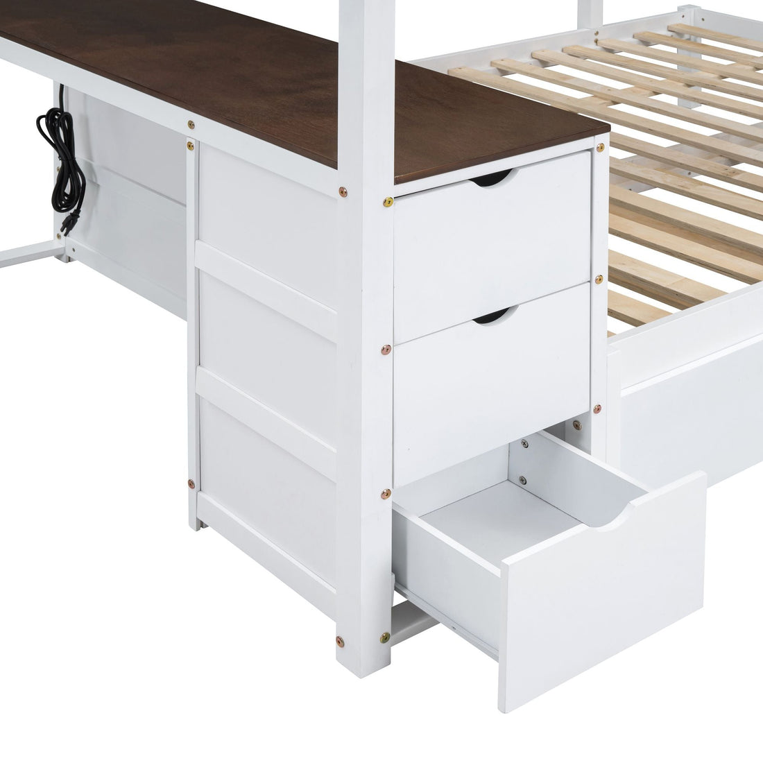 Full Over Full Wood Bunk Bed with Twin Trundle, Storage, Desk in White Walnut | Just Better Bunk Beds - View 18