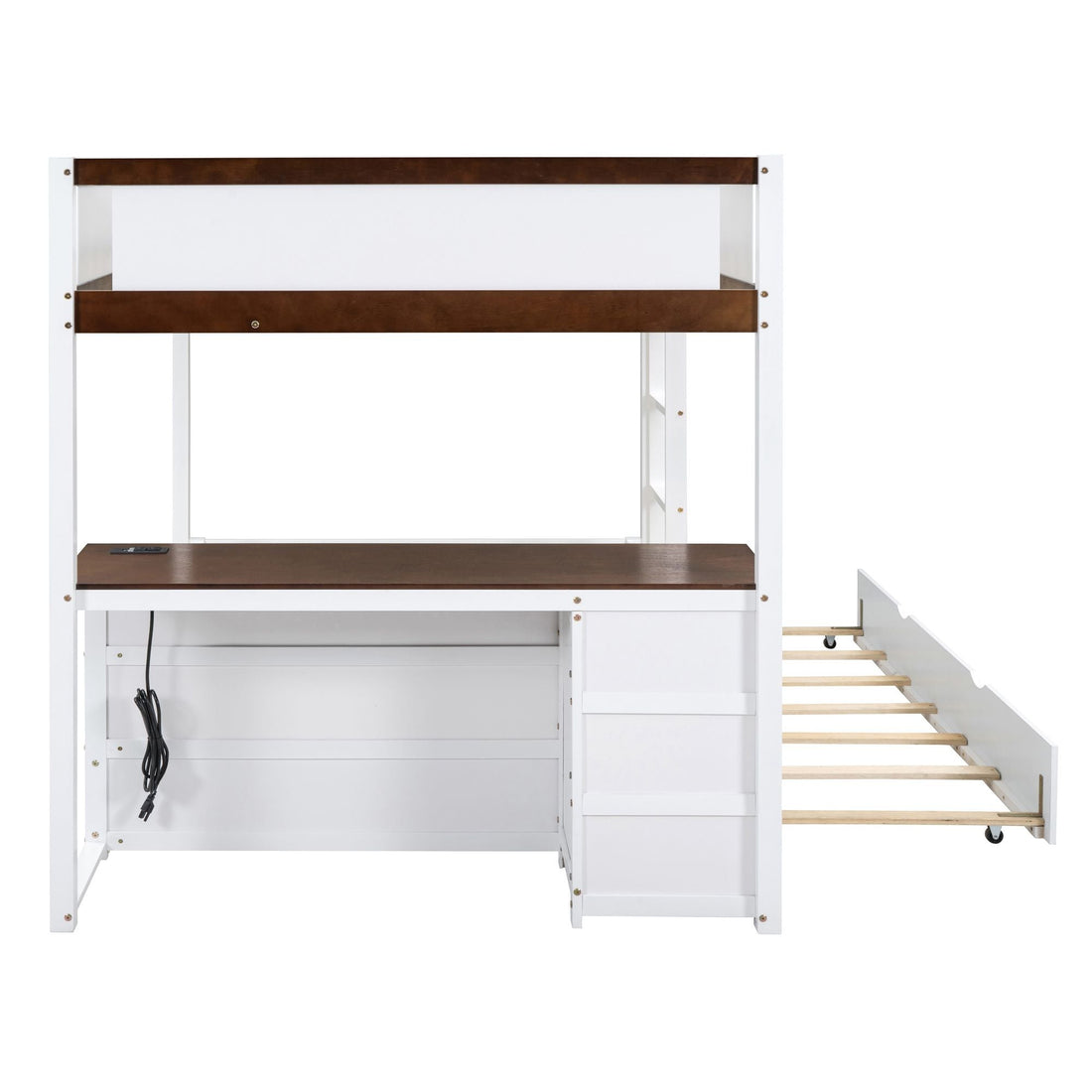 Full Over Full Wood Bunk Bed with Twin Trundle, Storage, Desk in White Walnut | Just Better Bunk Beds - View 17
