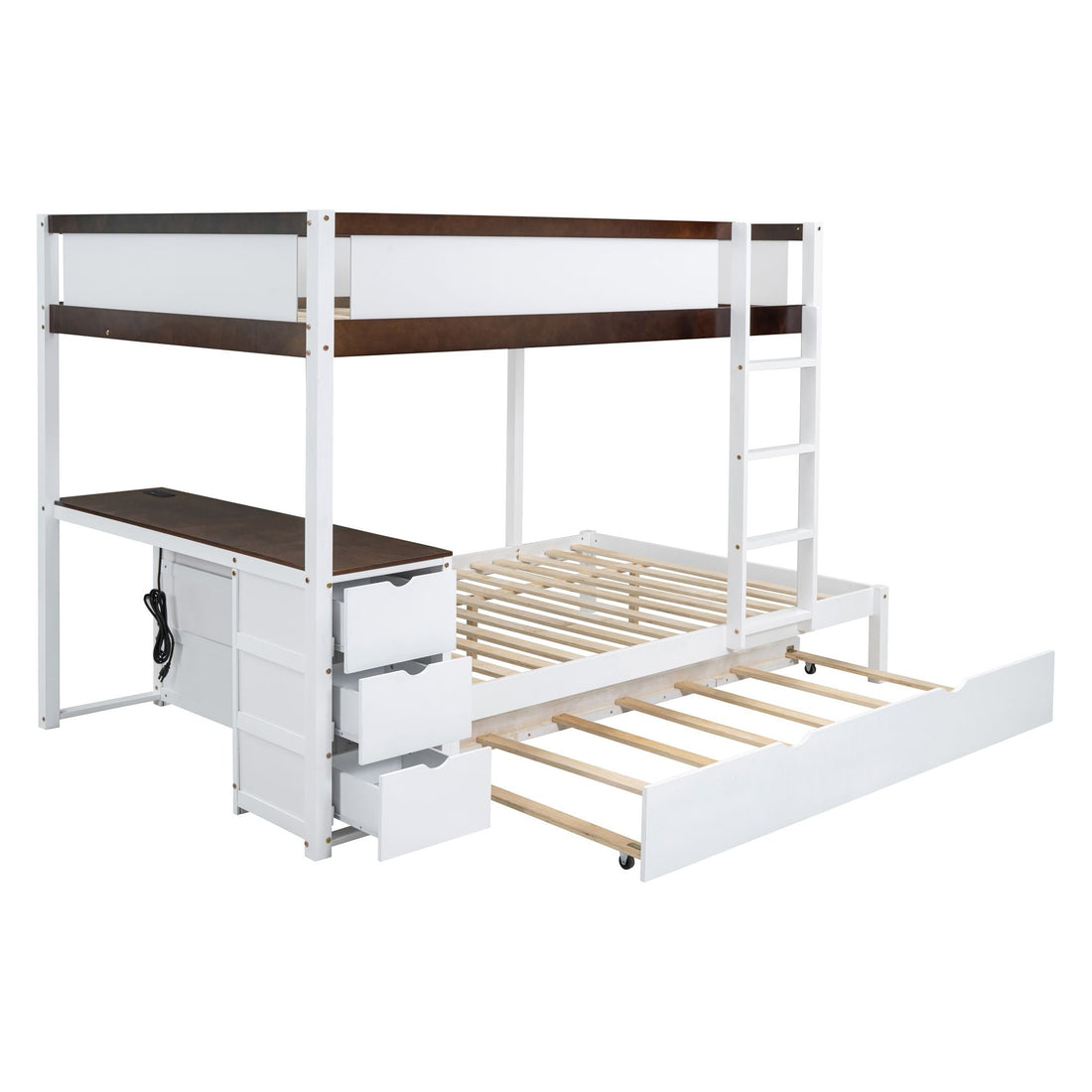 Full Over Full Wood Bunk Bed with Twin Trundle, Storage, Desk in White Walnut | Just Better Bunk Beds - View 6