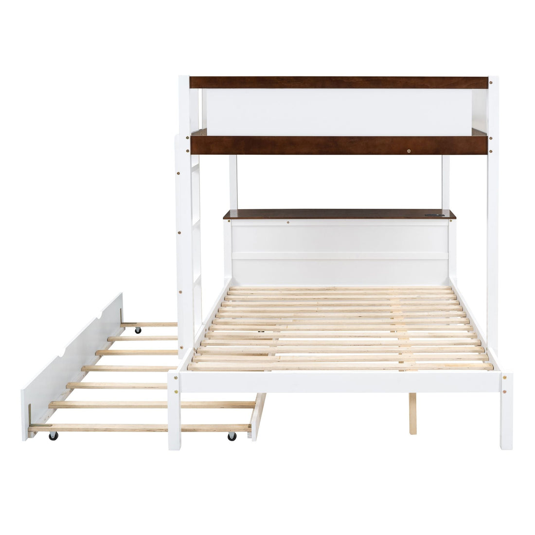 Full Over Full Wood Bunk Bed with Twin Trundle, Storage, Desk in White Walnut | Just Better Bunk Beds - View 16