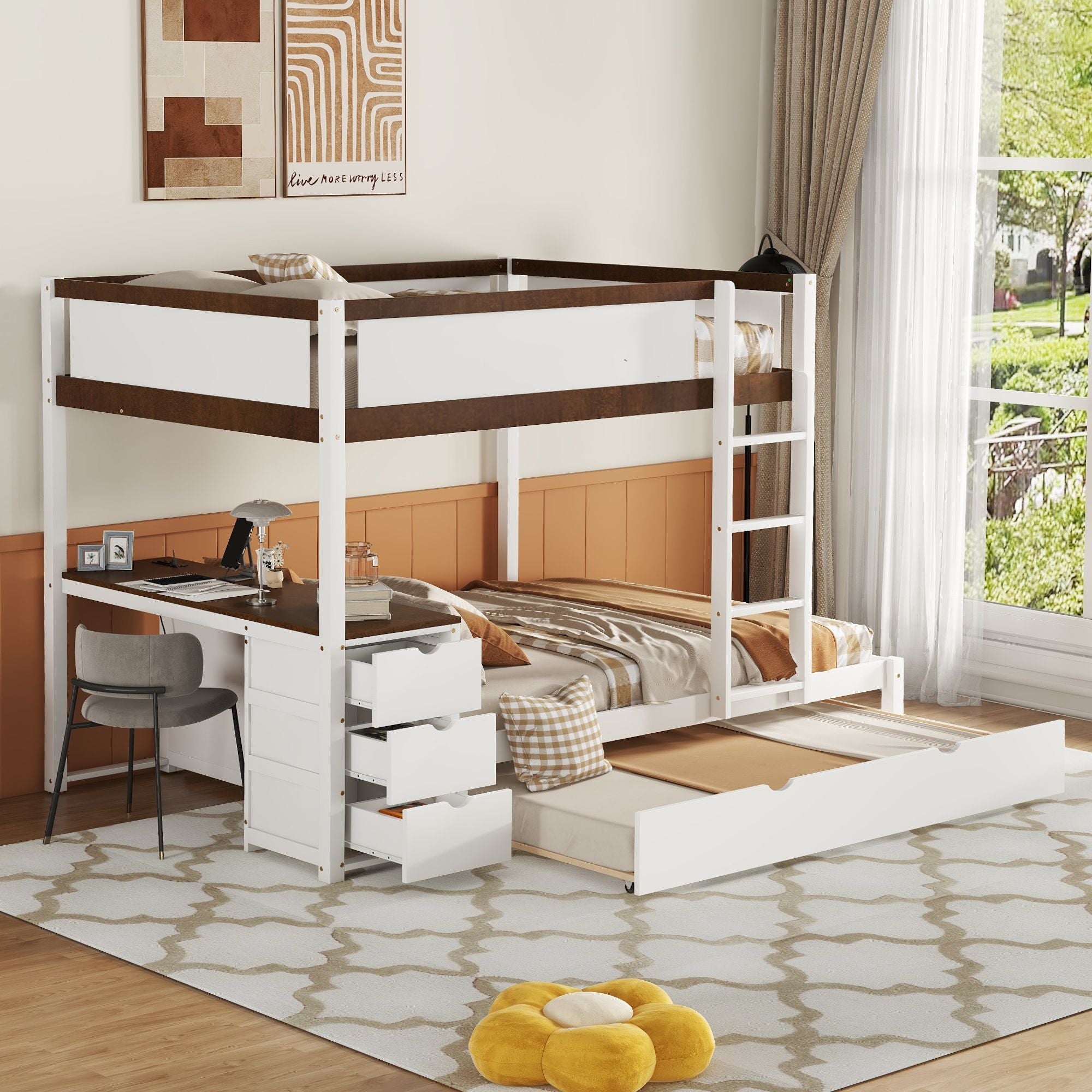 Full Over Full Wood Bunk Bed with Twin Trundle, Storage, Desk in White Walnut | Just Better Bunk Beds - Front View