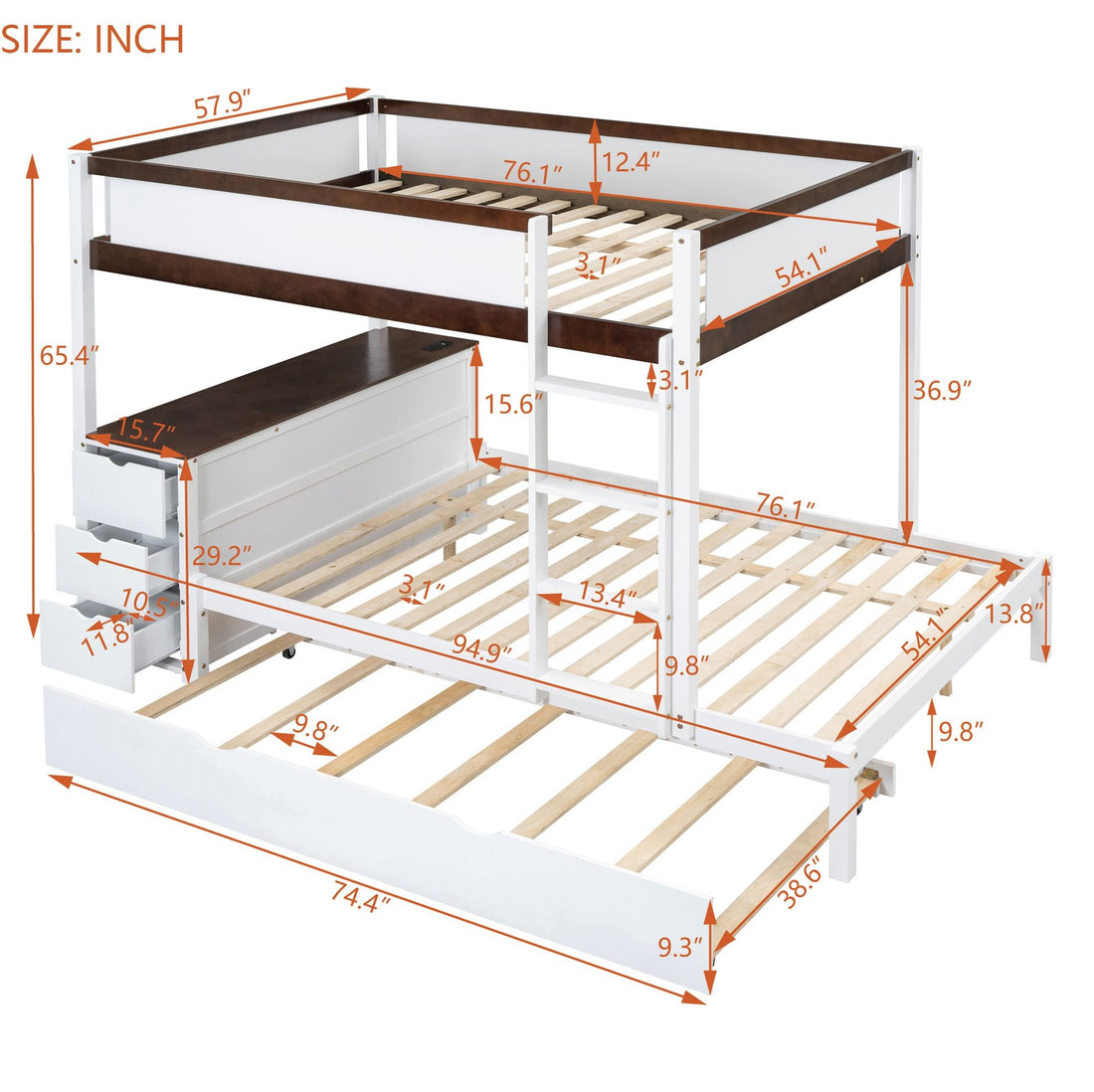 Full Over Full Wood Bunk Bed with Twin Trundle, Storage, Desk in White Walnut | Just Better Bunk Beds - View 14