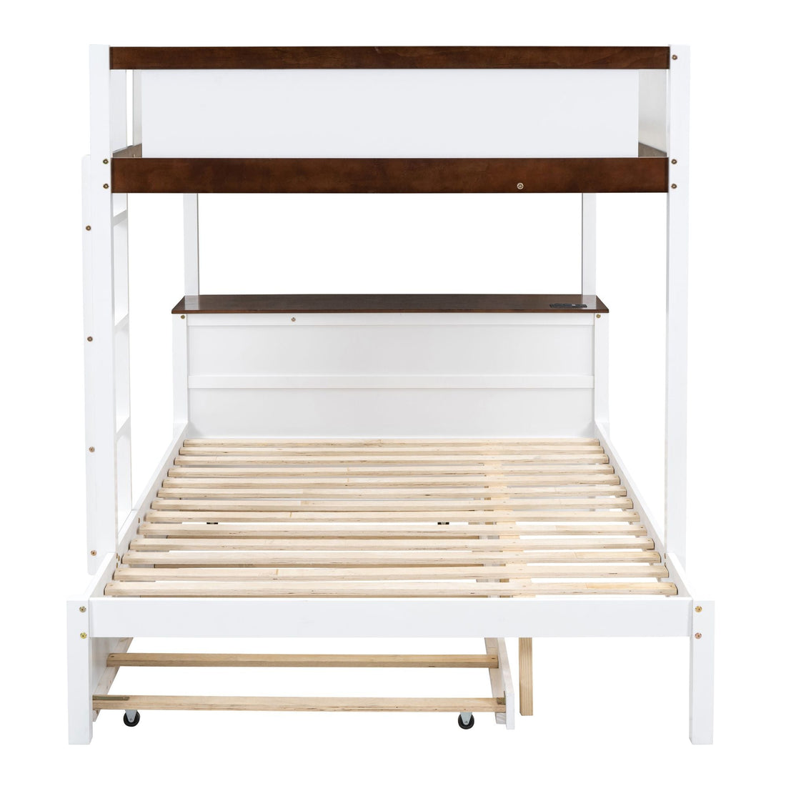 Full Over Full Wood Bunk Bed with Twin Trundle, Storage, Desk in White Walnut | Just Better Bunk Beds - View 15